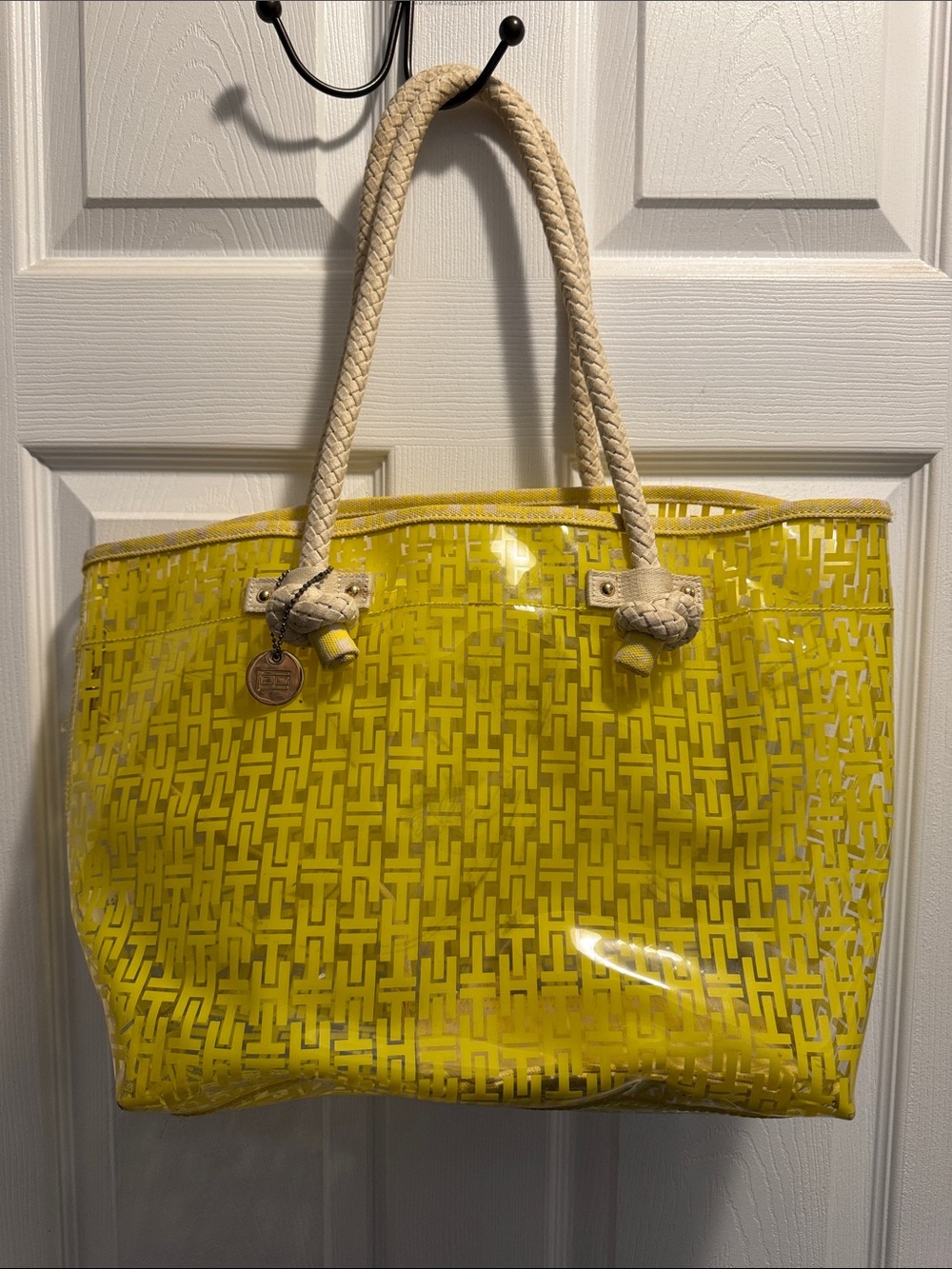 Tommy Hilfiger Yellow Patterned Clear Tote with Braided Cream Handles